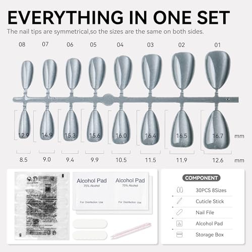 150 Pcs Cat Eye Press on Nails Almond – 5 red/pink/dark gray/navy blue/beige