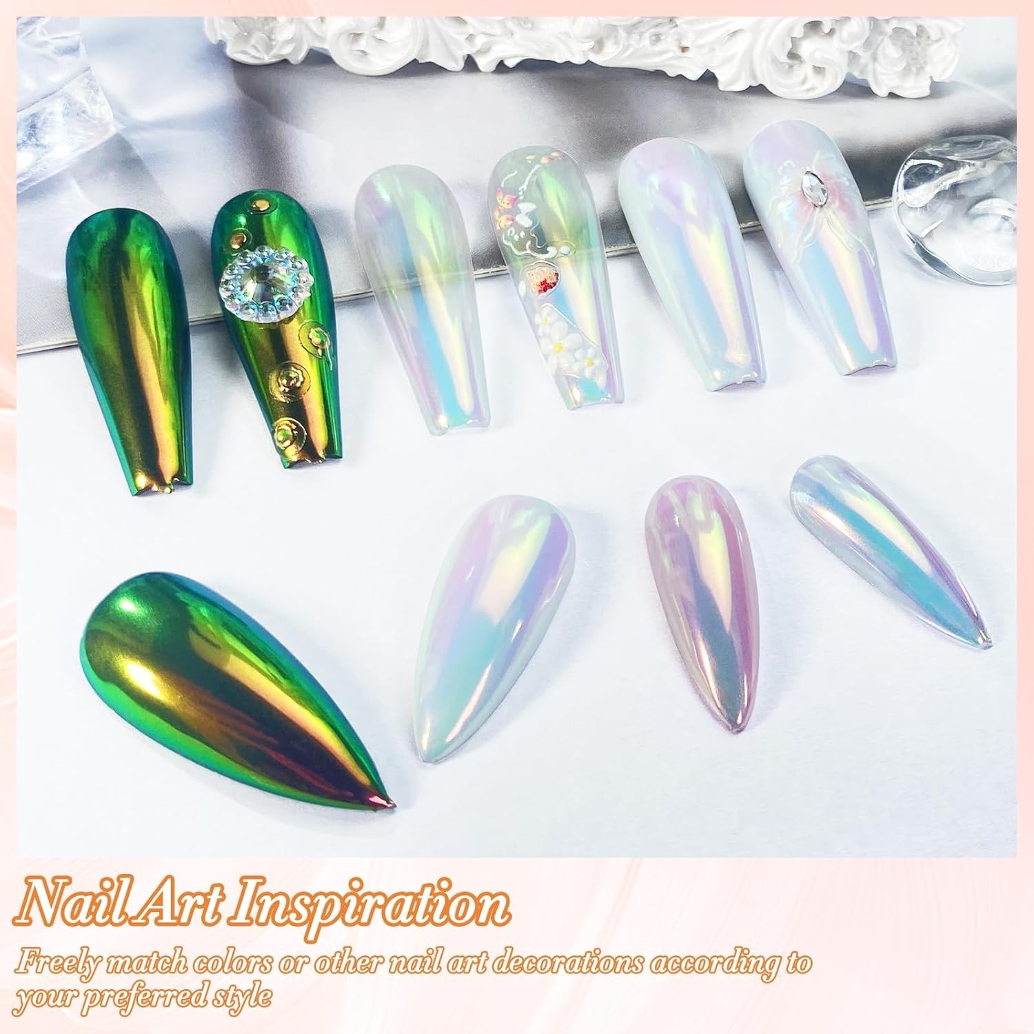 Unicorn Chrome Nail Powder, Unichrome Mermaid Aurora Nail Powder Pigment