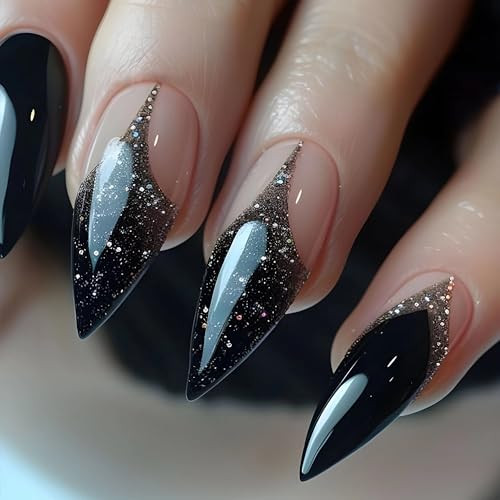 Long Stiletto Press on Nails Black French Tip Fake Nails Glitter Glue on