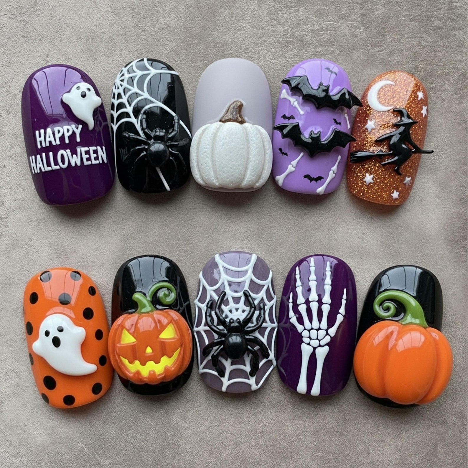 Custom Handmade Halloween Pumpkin Ghost Spider Witch Bat Square Press on Nail
