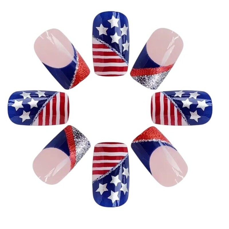 Red, White, Blue American Flag Shiny Square Nails New
