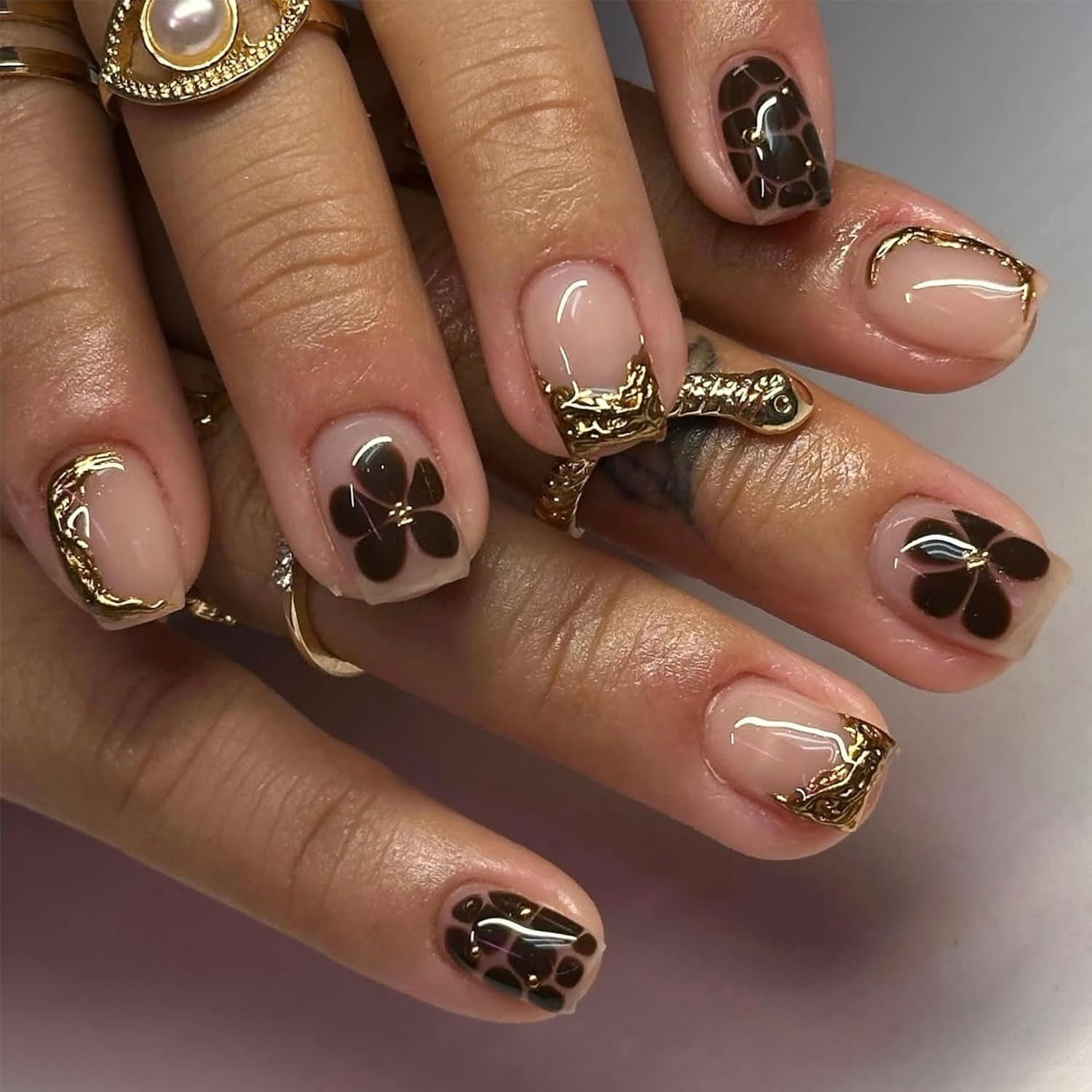 24Pcs Chrome Gold French Tip Press on Nails Short Square ABS Material False Nail