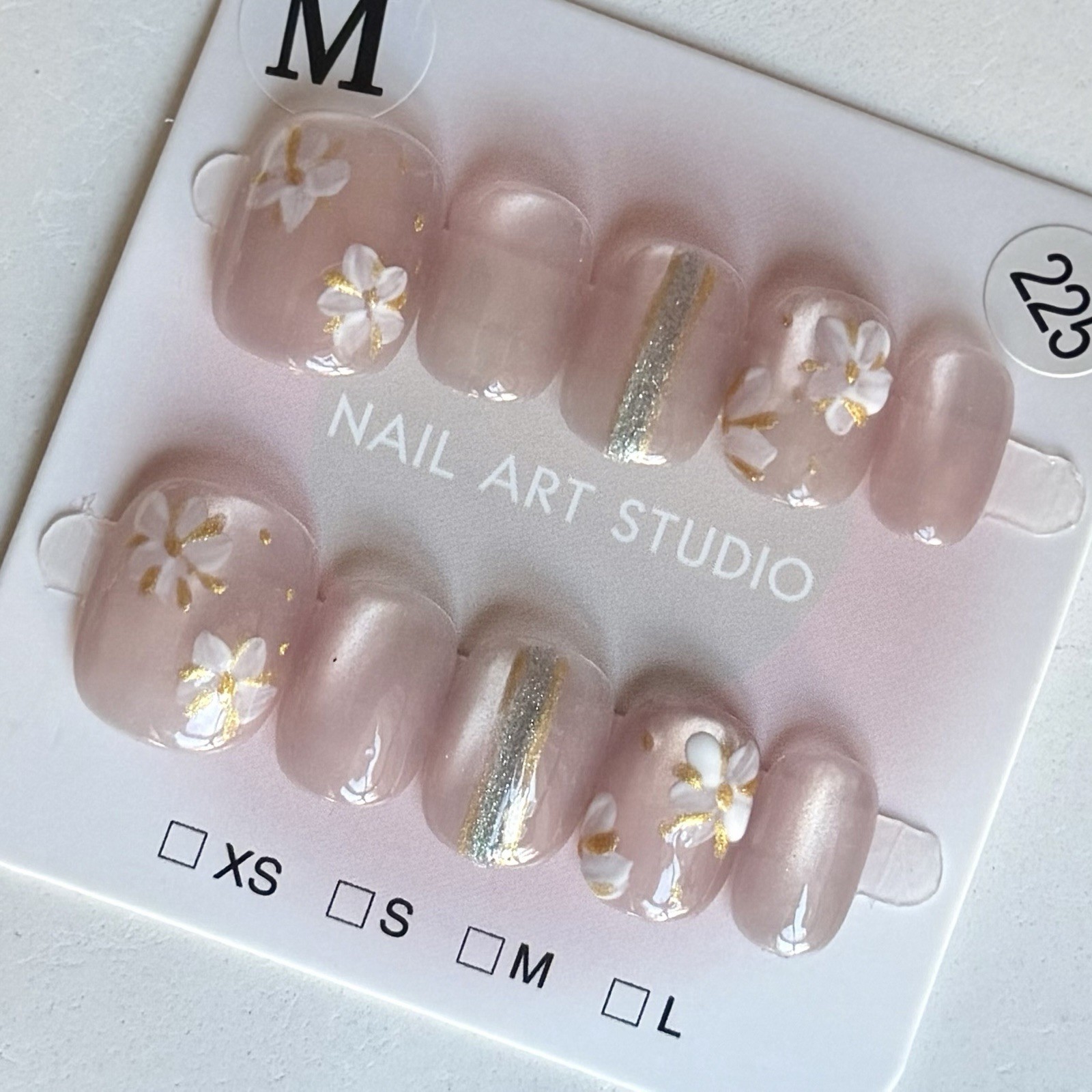 Hand painted Pink Flower Press-On Nails Short Squoval Size M Reusable Fake Nails