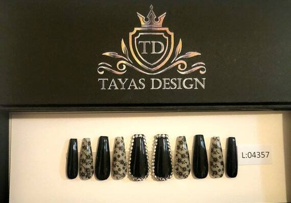 Black Blitz Nail + Custom Box | Ballerina Nail | Nail with Gems | Medium & Large