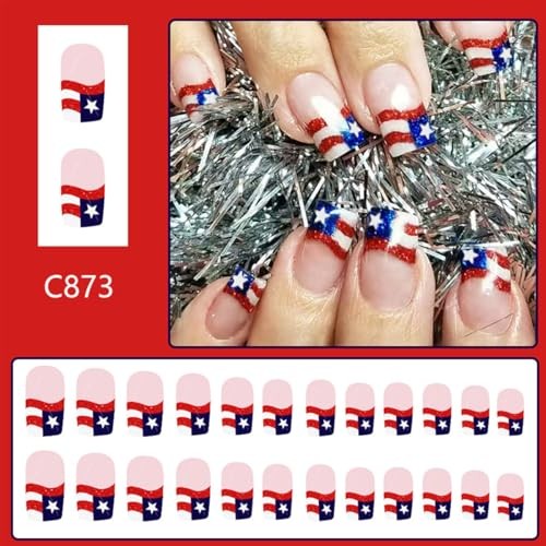 4th of July Press on Nails Short Square Fake Nails French Tip False Nails-1