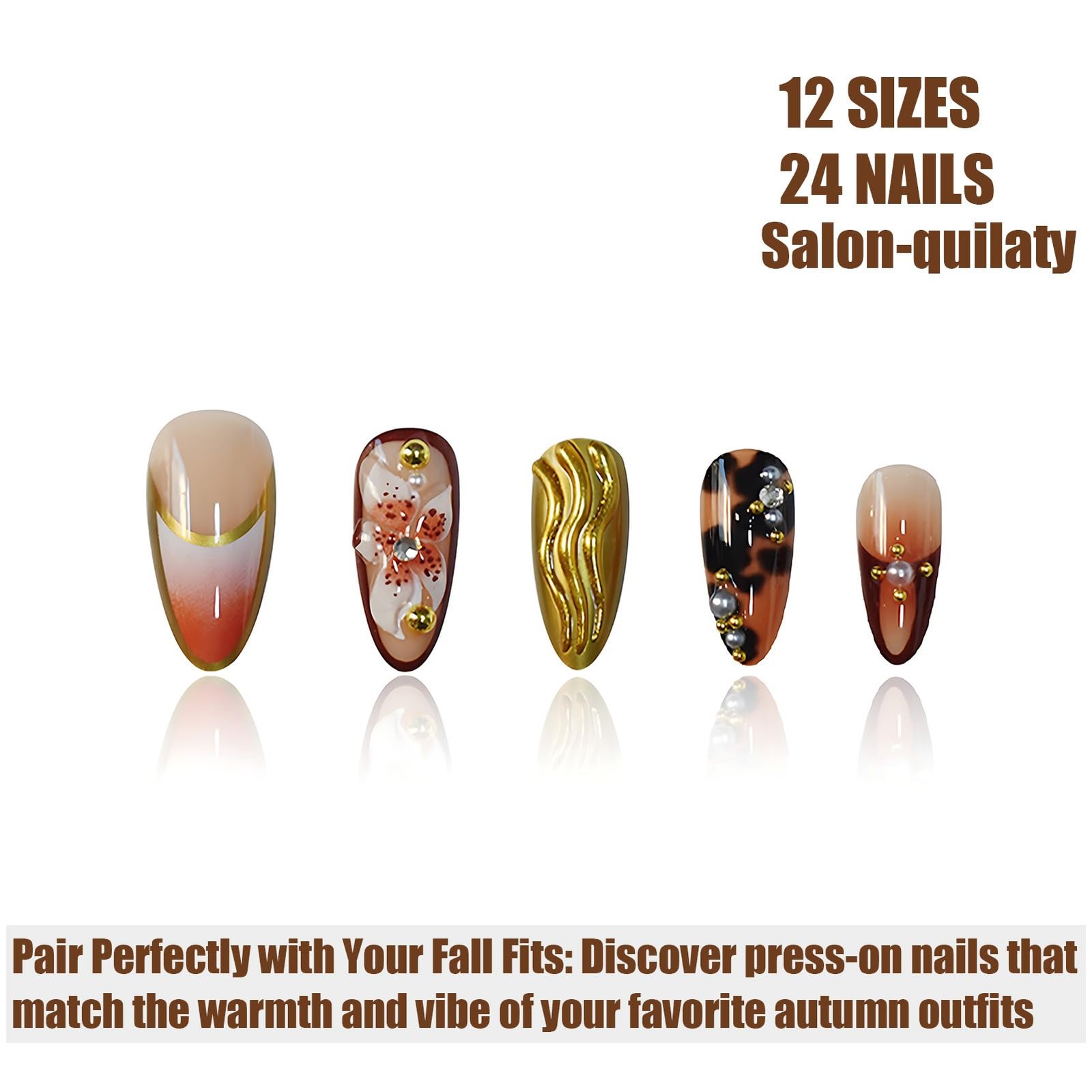 Press On Nails Almond 3D Design Flower Brown Press Ons Nails For