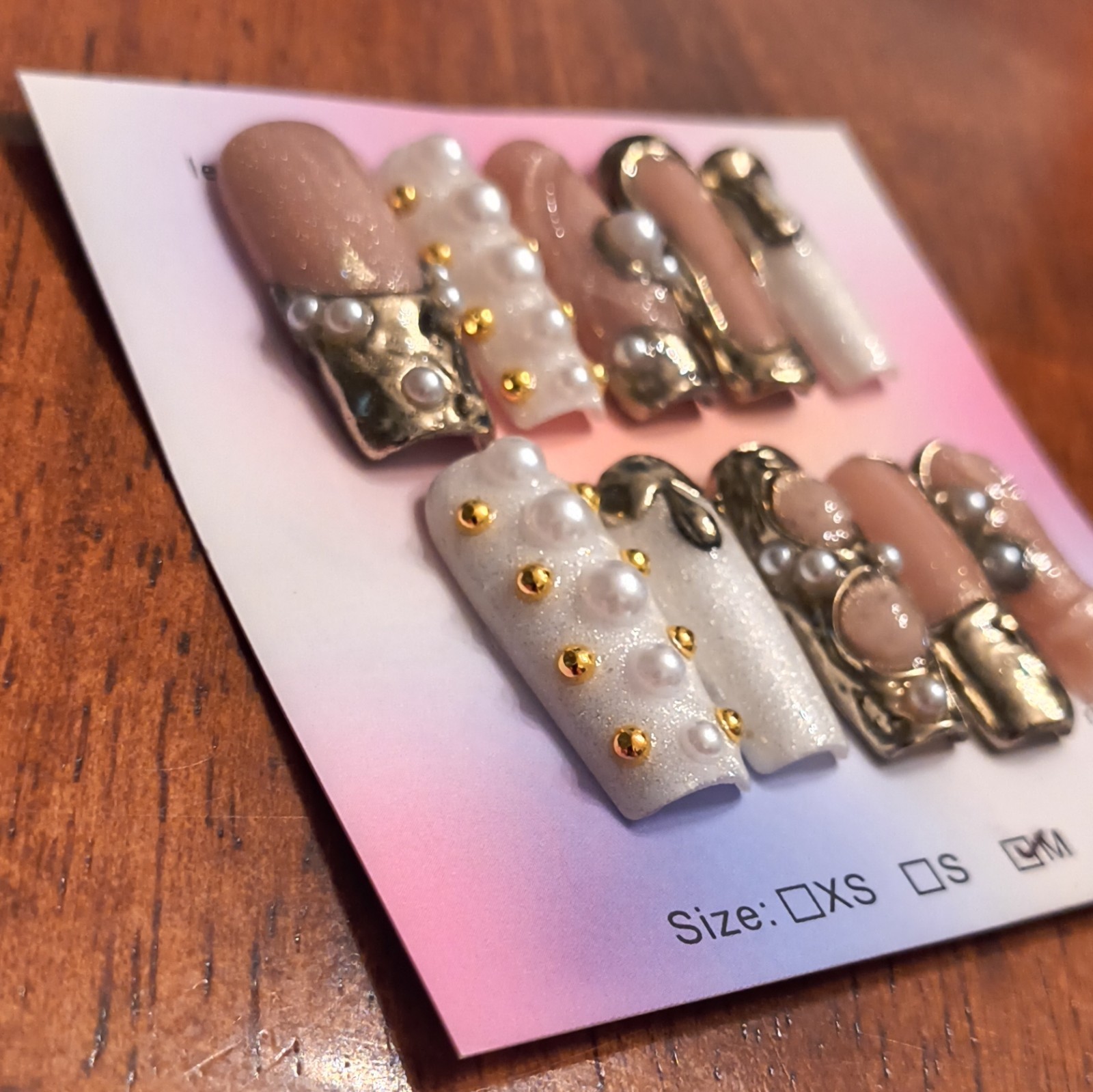 Press-On Nails Long Coffin Beige White Gold Pearl Glitter Full Cover Medium