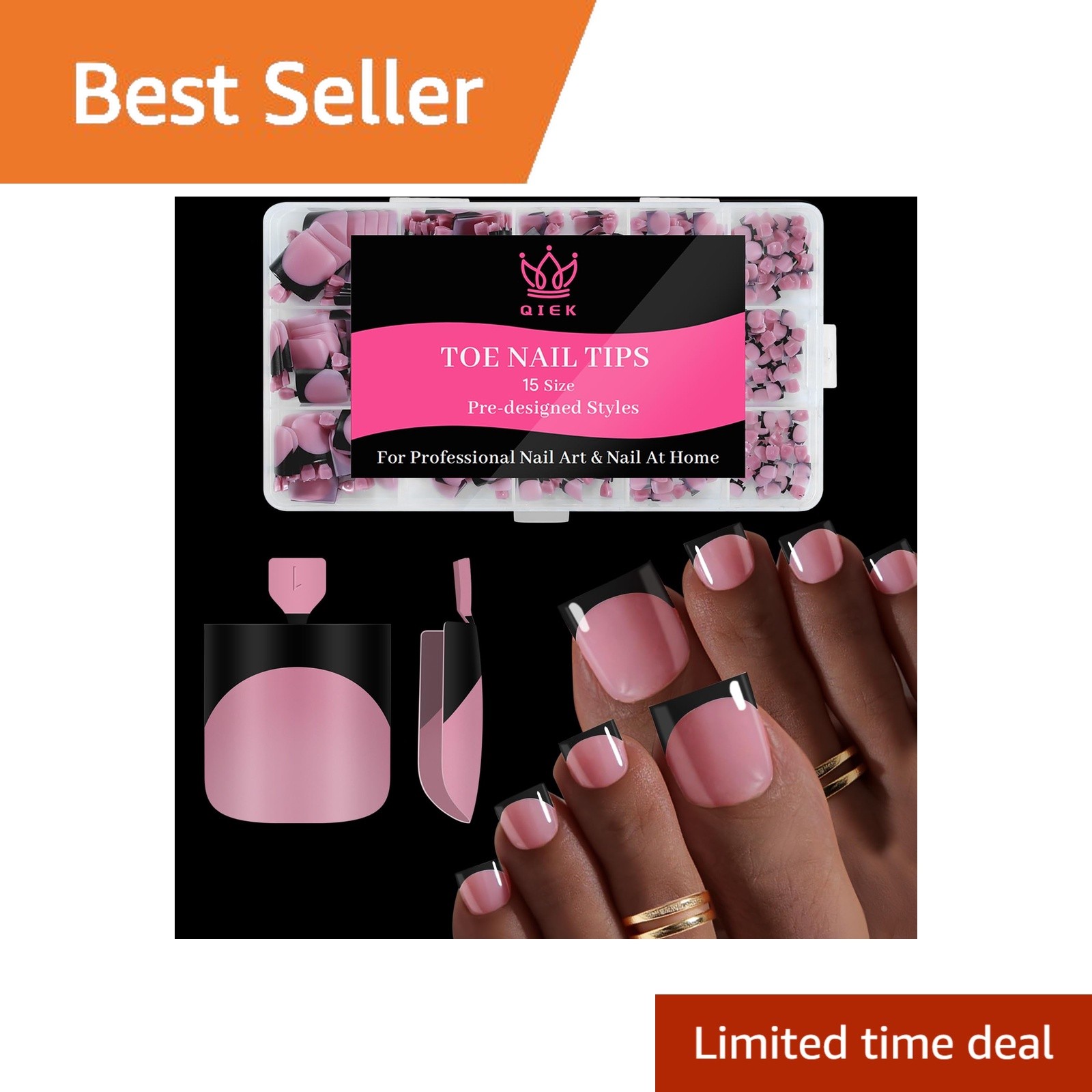 QIEK French Tip Toe Nails Press On Dark Pink Black 150 Pcs