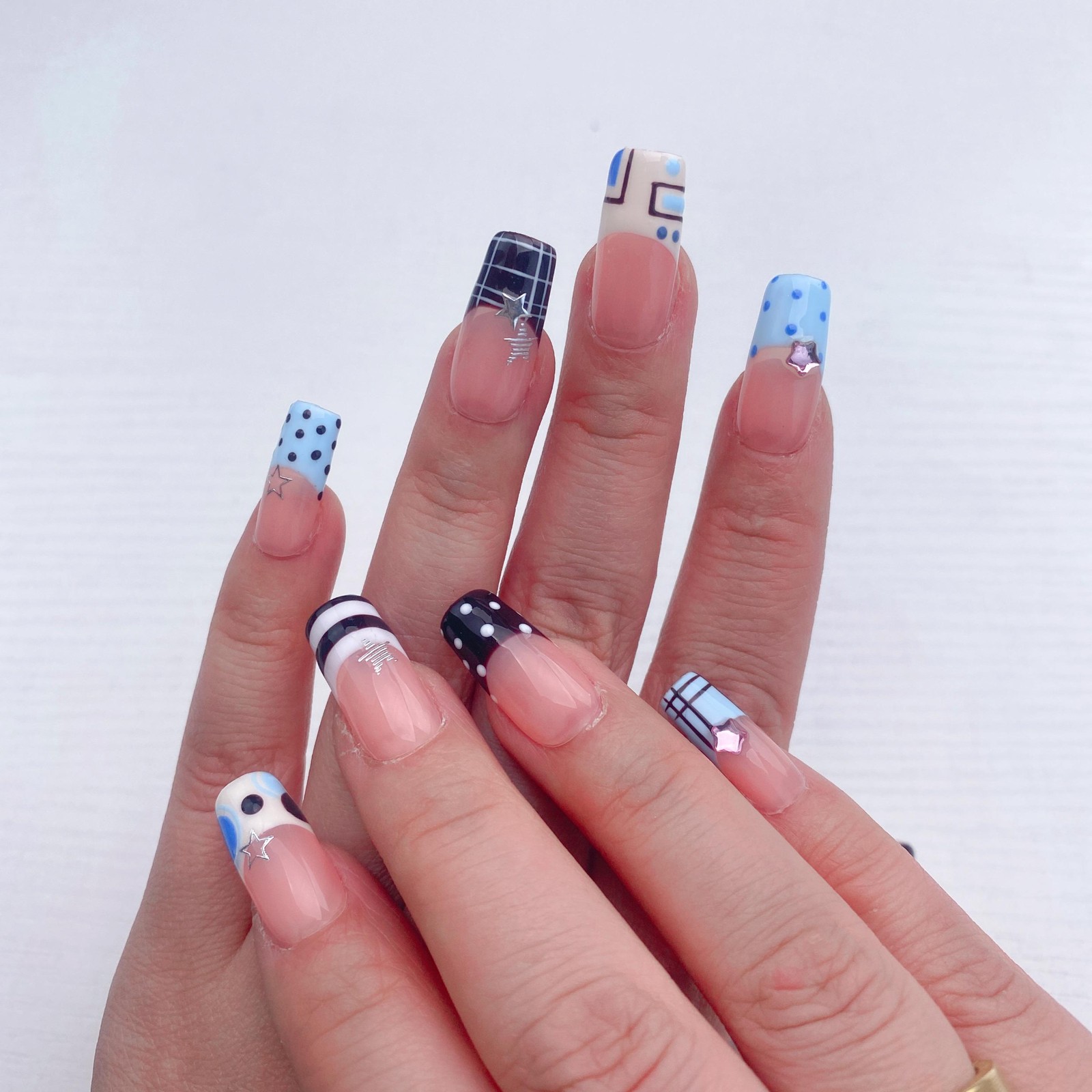 Custom Handmade French Tip Plaid Polka Dot Star Bow Long Square Press on Nails