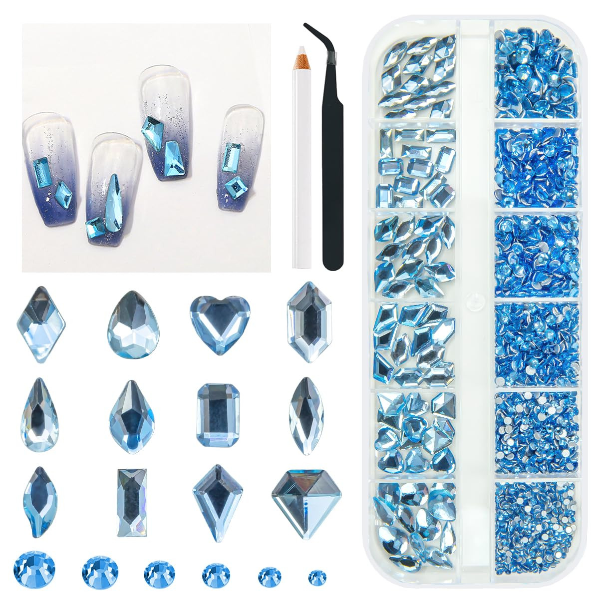 2052Pcs Light Blue Nail Rhinestones Baby Blue Big Gems 72 Multi Shapes K9 Glass