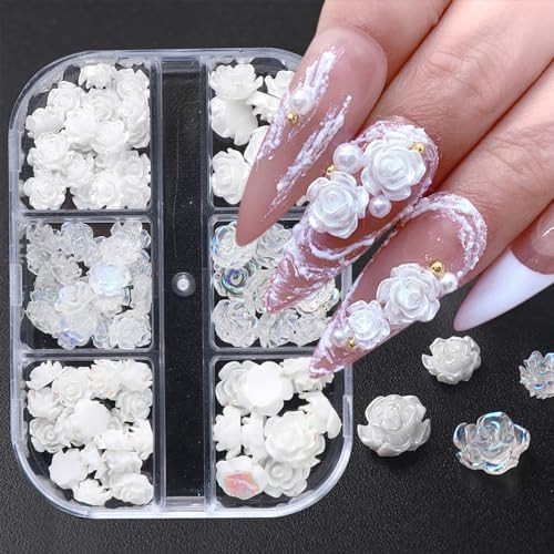 Flowers Nail Charms 3D Resin White & Aurora Clear Rose Designs Nail Art Charms