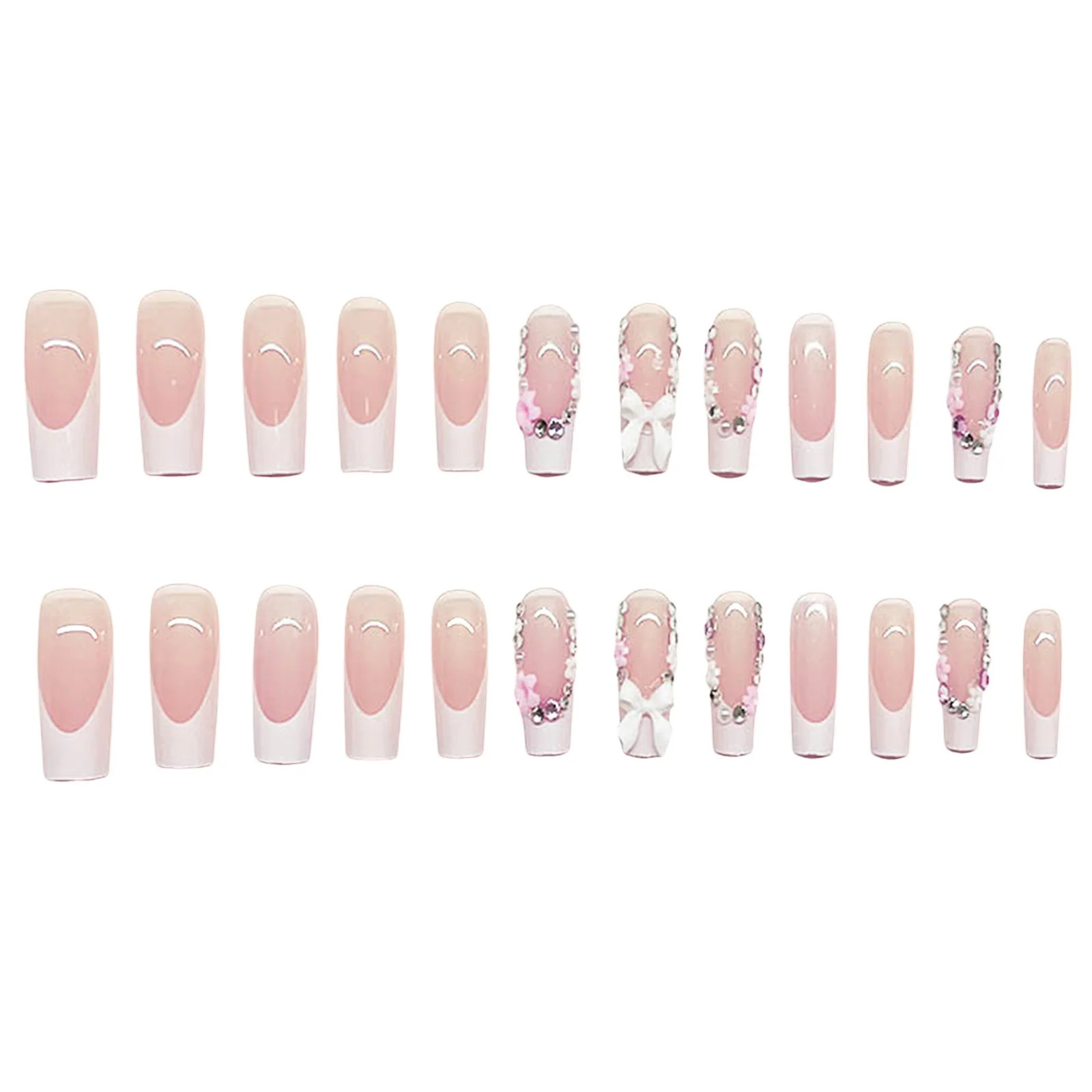 24Pcs White French Rhinestone Pearl Wedding Press On Nails