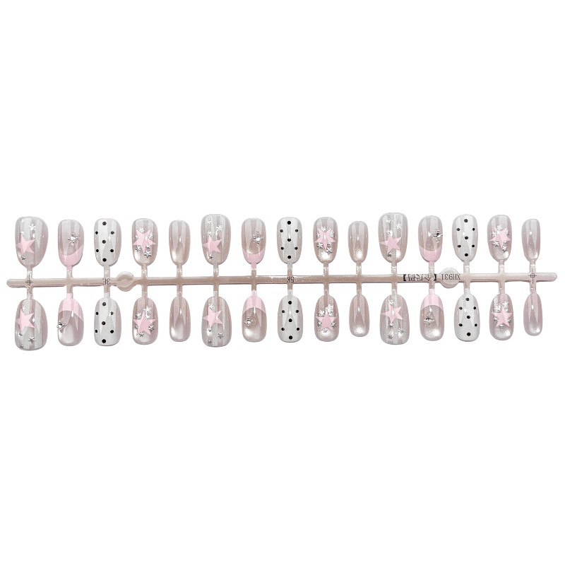 60pcs Short Oval Press on Nails,Nude Pink Black Dot Silver Star Rhinestone Nails