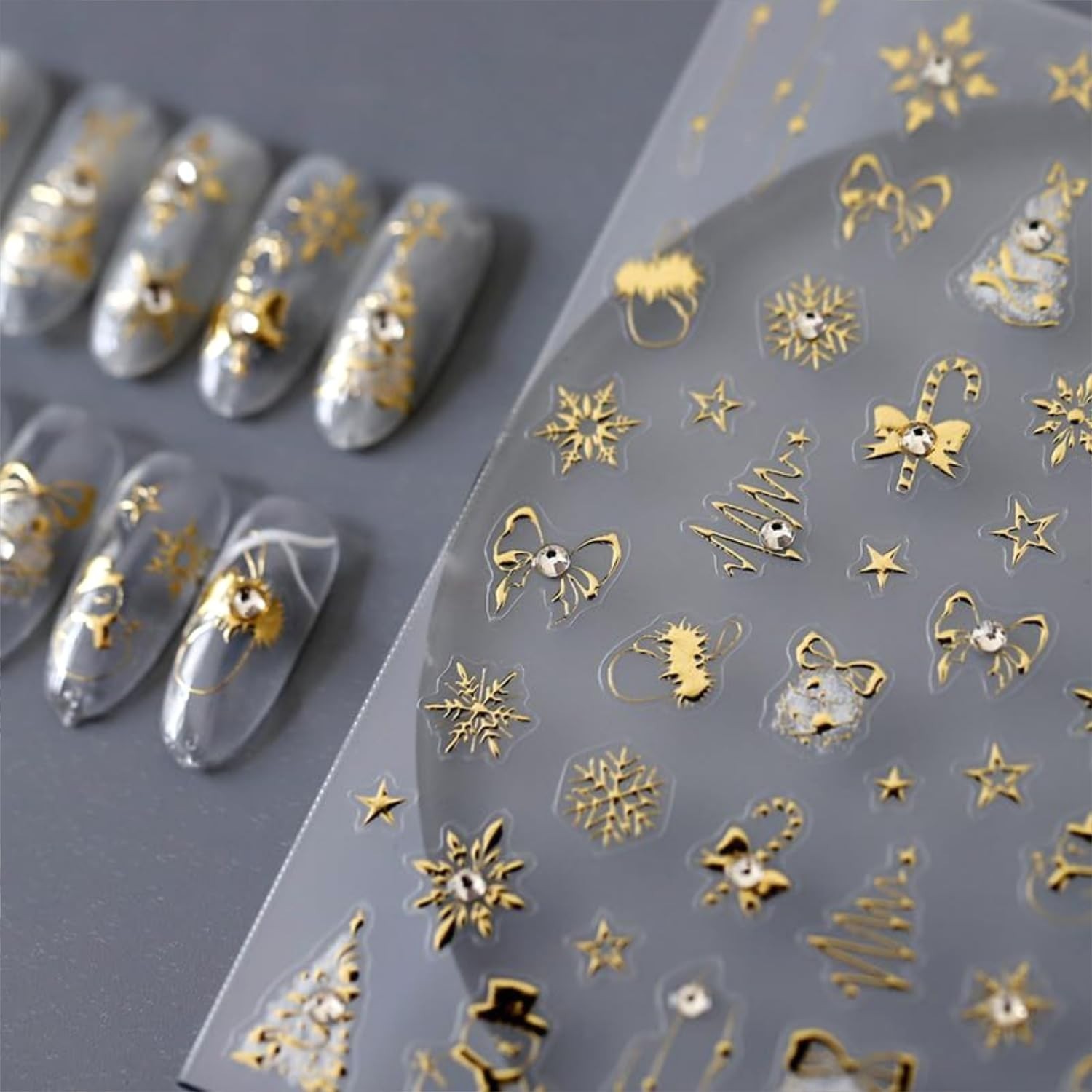 Christmas Nail Stickers 5D Embossed Gold Christmas Nail Decals Holiday Nail A…