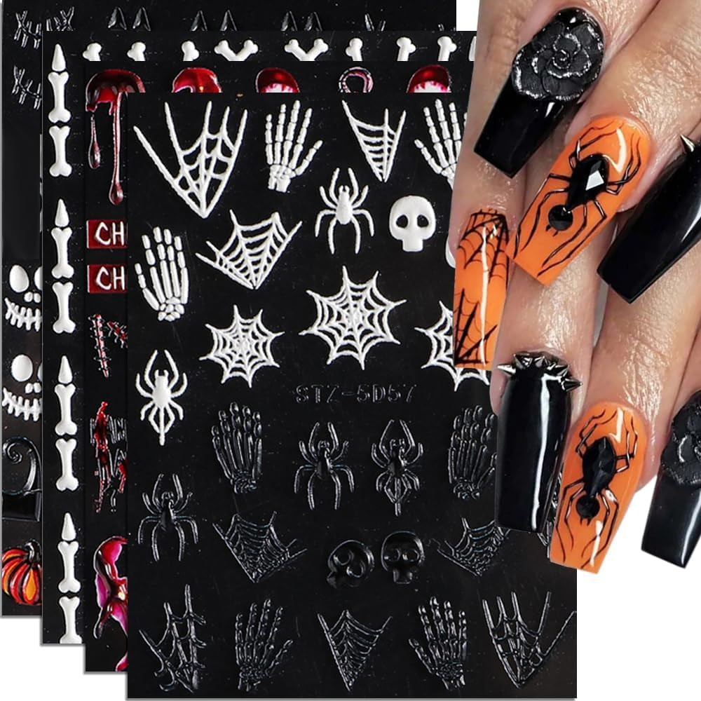 Halloween Nail Art Stickers, 5D Embossed Halloween Nail Decals Skull Ghost Pumpk