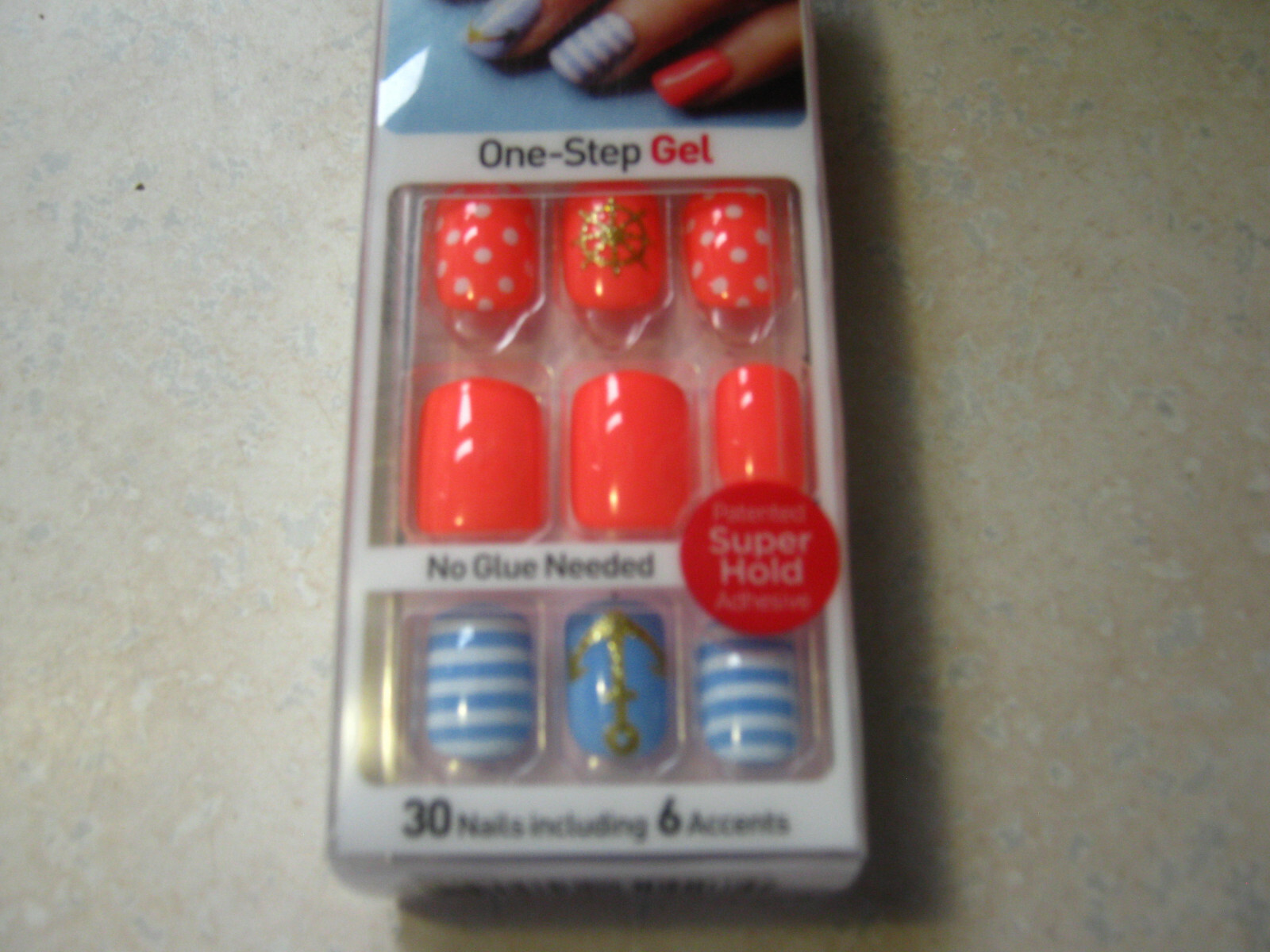 2 Impress FUNKY TOWN Press-On 30 Nails Anchor Nautical Orange Blue Ship 62427