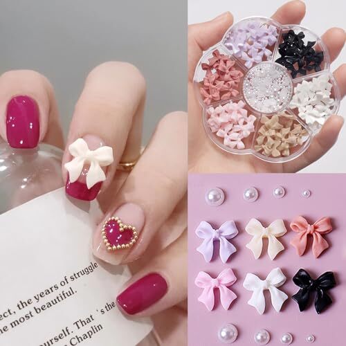 3D Bow Nail Charms, 6 Colors 3D Acrylic Colorful Bow-Knot Nail Art Pink-Bow