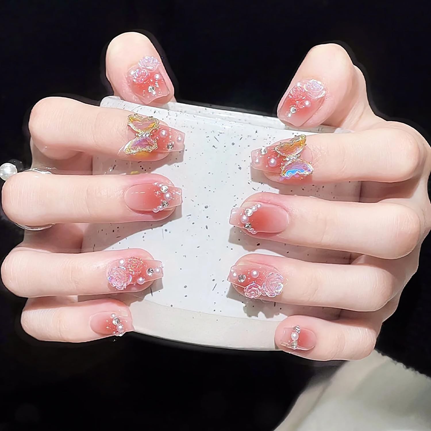 French Tip Press on Nails, 24 Pcs Medium Square Acrylic False Nails with Butt…