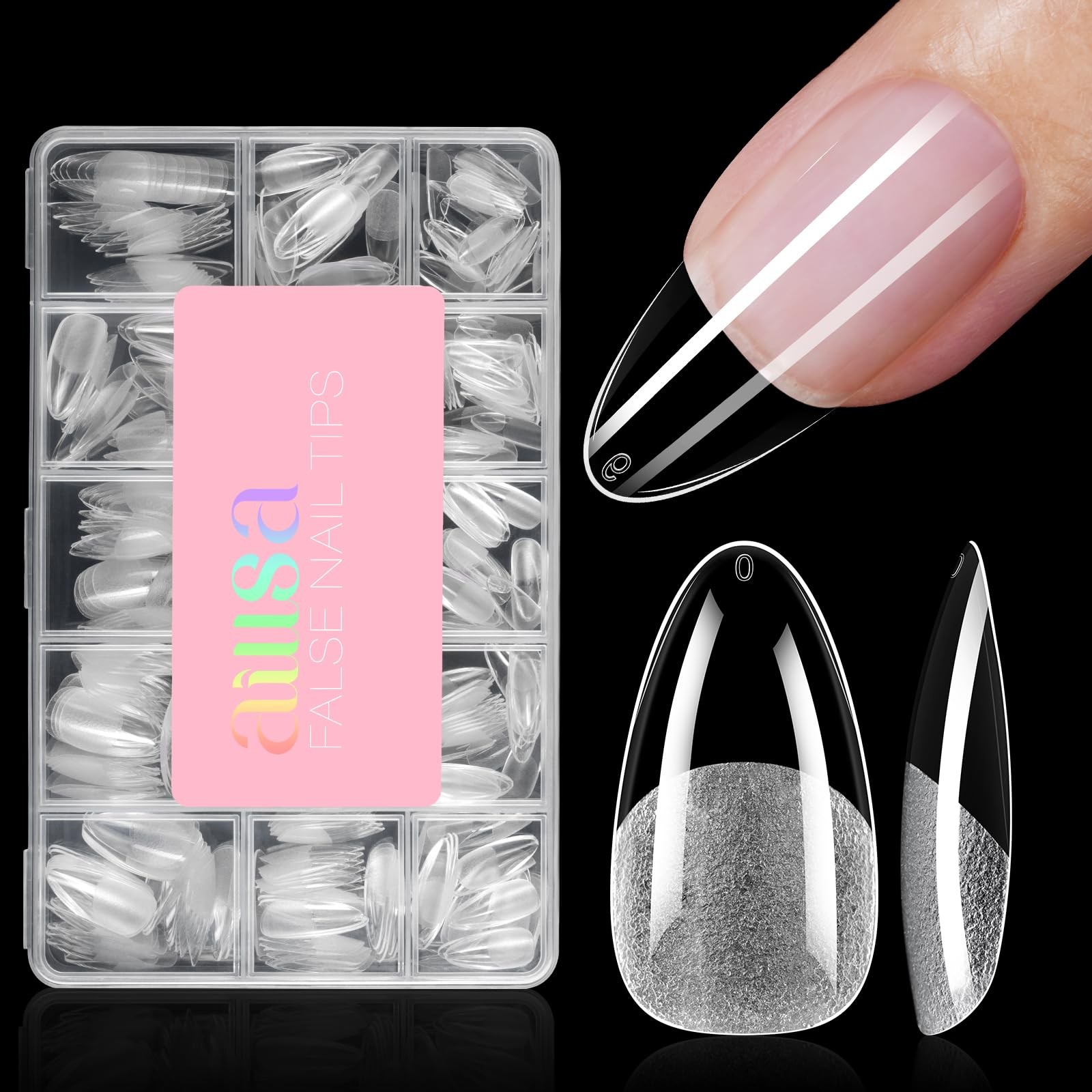 AILLSA Medium Almond Shaped Nail Tips – 15 Sizes Almond, Half Matte