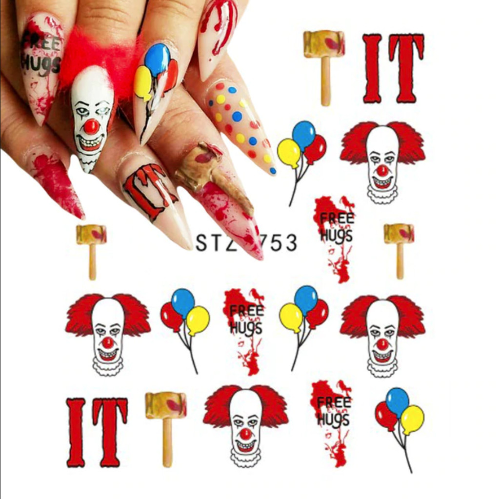 Nail Art Stickers Water Decals Transfer Halloween IT Clown Pennywise STZ753 NS37