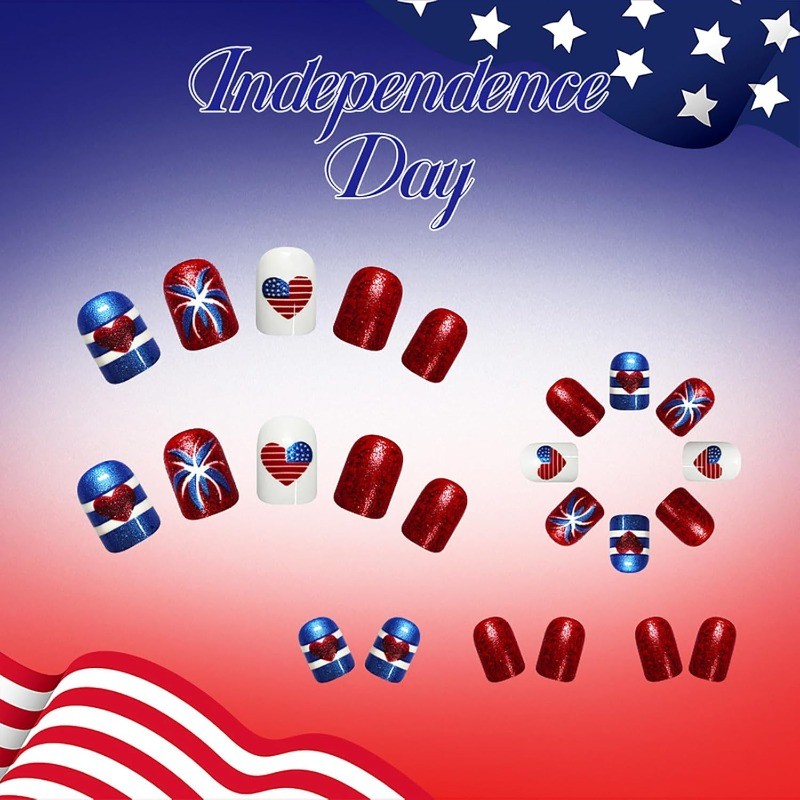 Patriotic Fake Nail with Red Blue White Glitter, Heart Flag and Firework Details