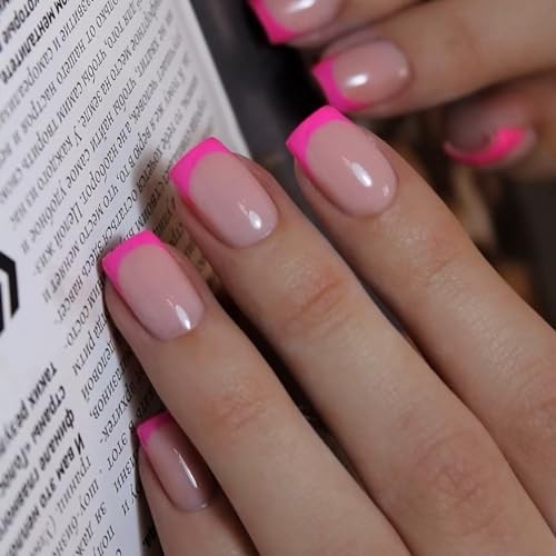 Hot Pink French Tip Press on Nails Short Square Nails french square hot pink