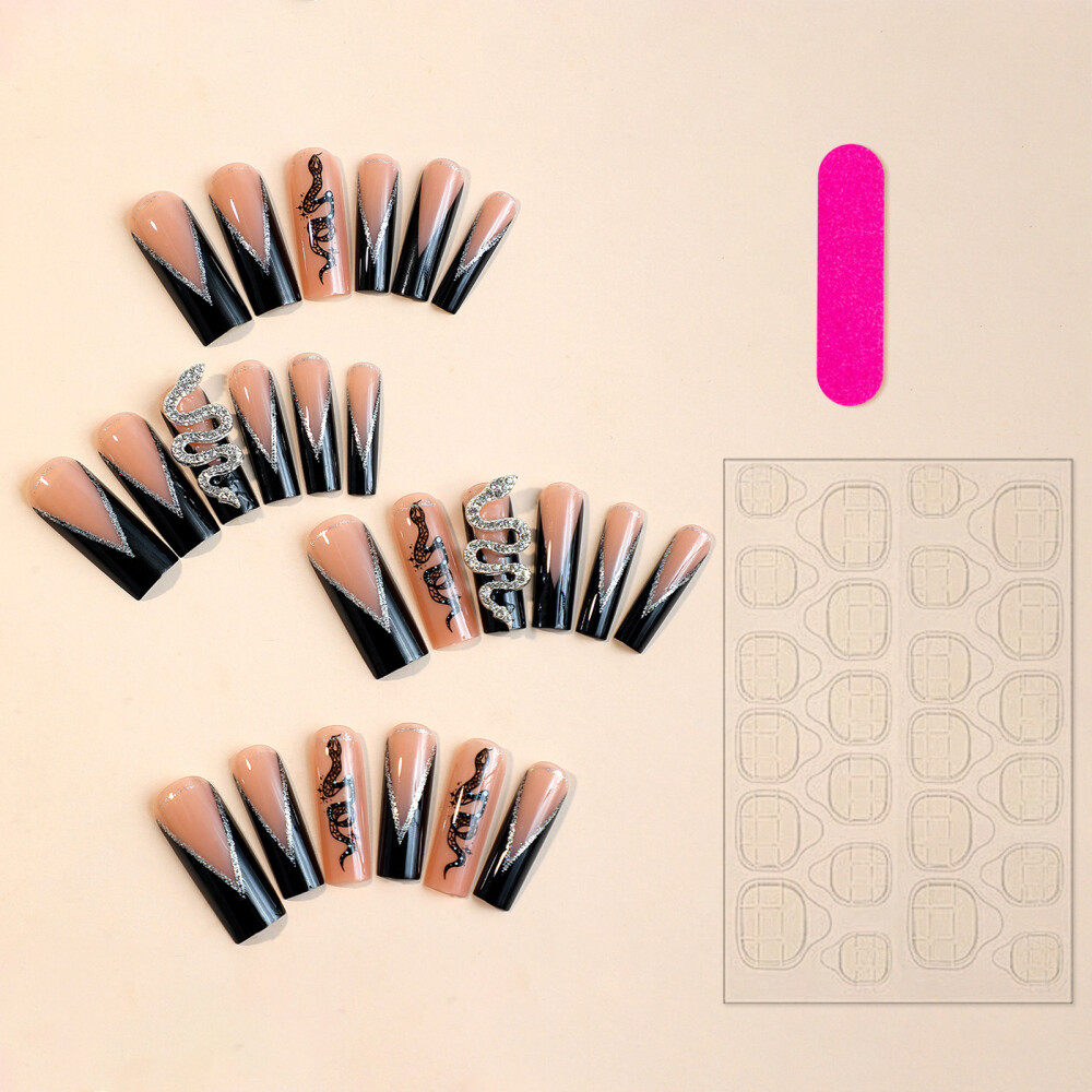 24pcs Ultra-long French False Nail Long Lasting Black Edge Resin Artificial Nail