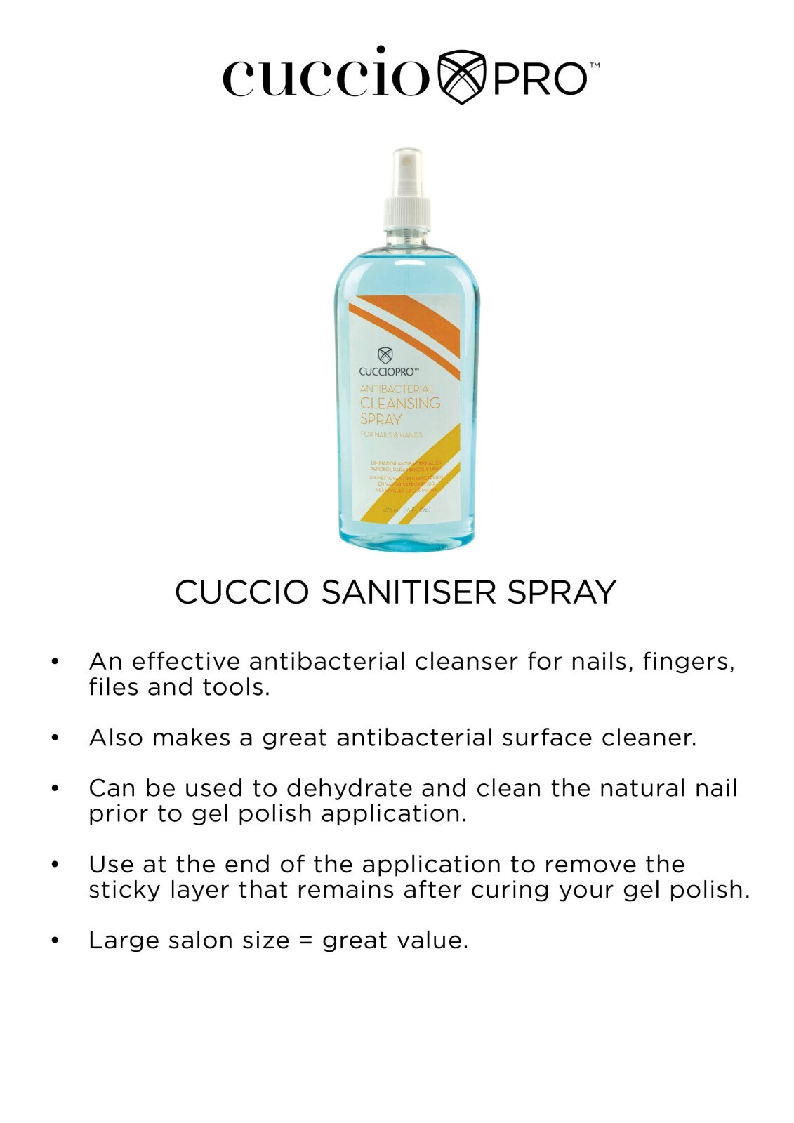 Cuccio Pro Antibacterial Cleansing Spray For Nails & Hands 16 oz (473 ml)