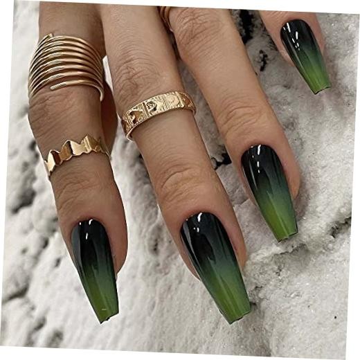 Redykat 24PCS Glossy Green Ombre Coffin Press On Nails, Gel Green&Black Ombre
