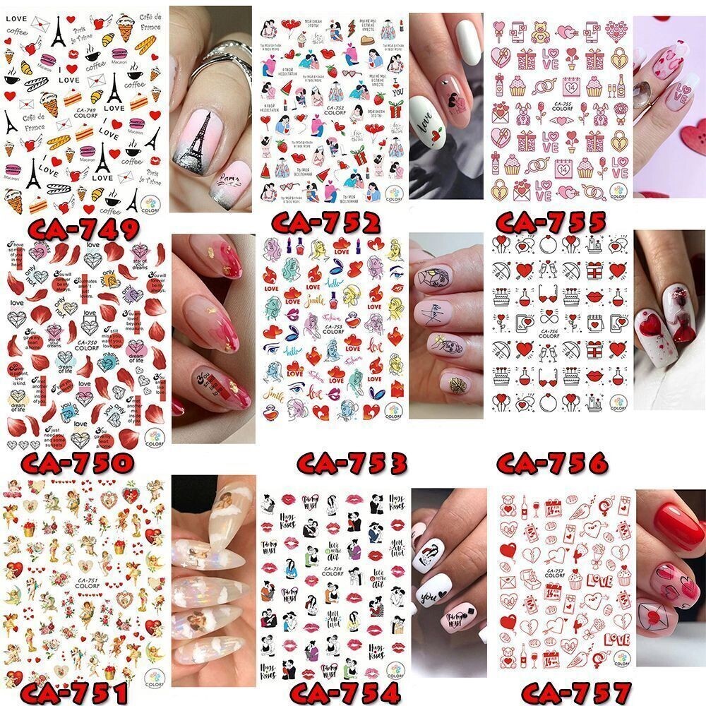 9Pcs Rose Heart Lover Valentine’s Day Nail Stickers Red Lips Abstract Face NH4