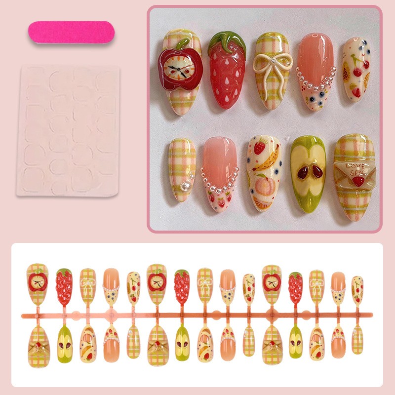 60P Short Almond Press on Nails, 3D Fruit Plaid Bow Cute Kawaii Fake Nails