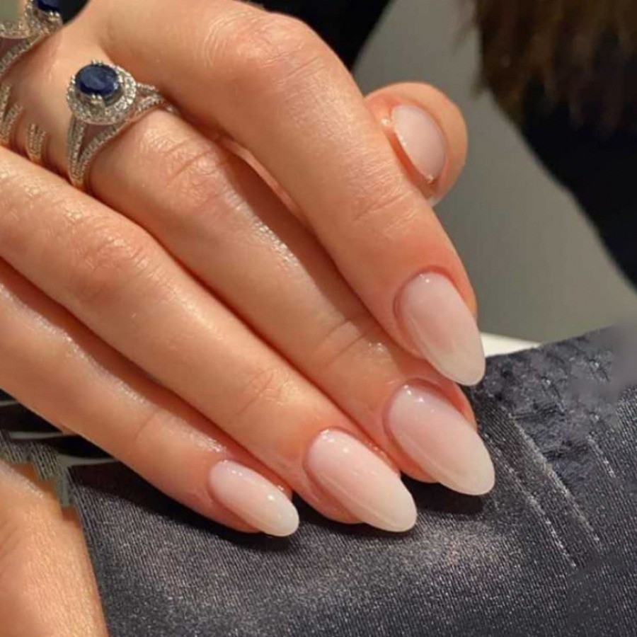 48pcs Almond Press on Nails, Clear Nude Milky White Gradient Simple Gloss Nails
