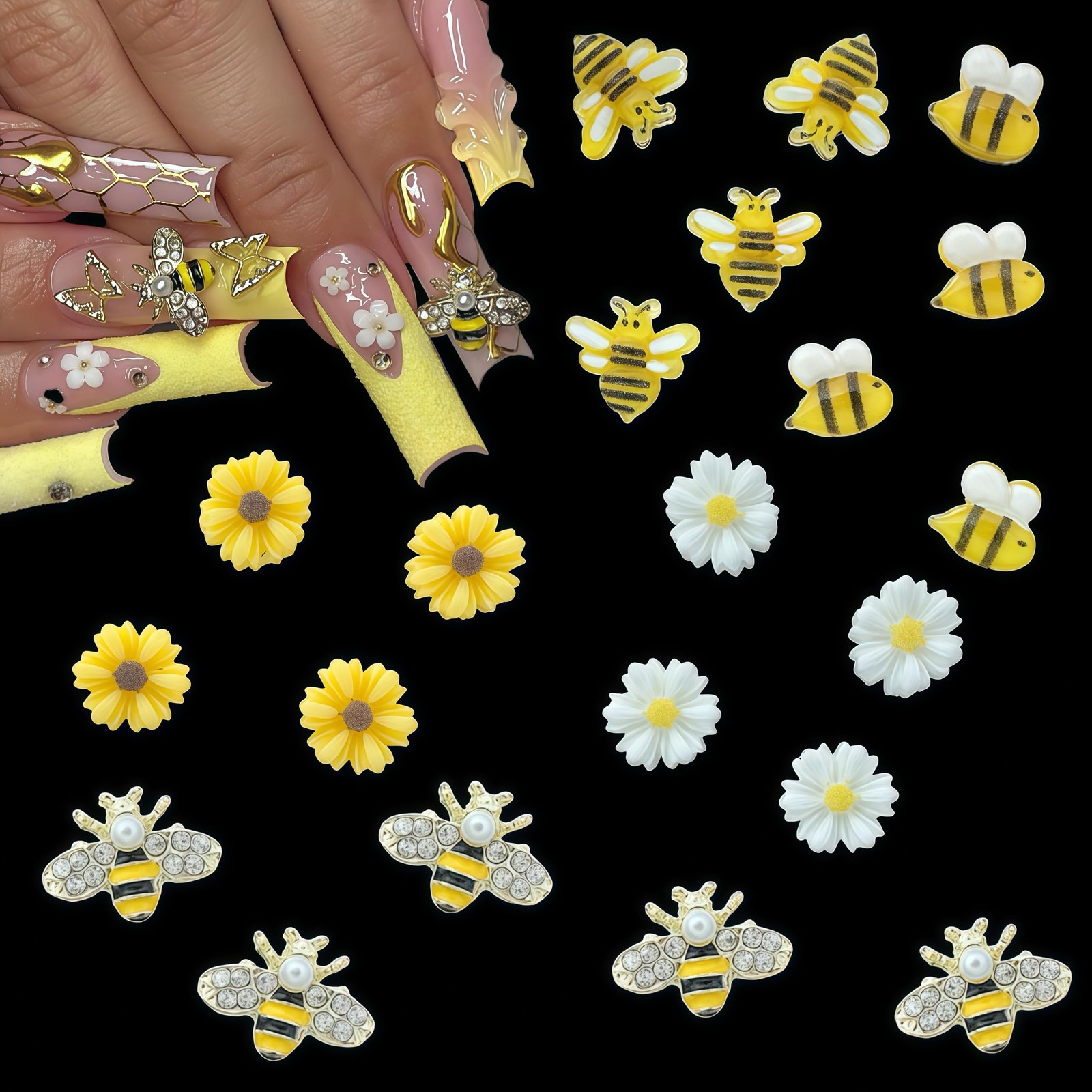 100PCS Nail Charms and Gems Gold Bee Yellow Flower for Nails Design，3D Daisy …
