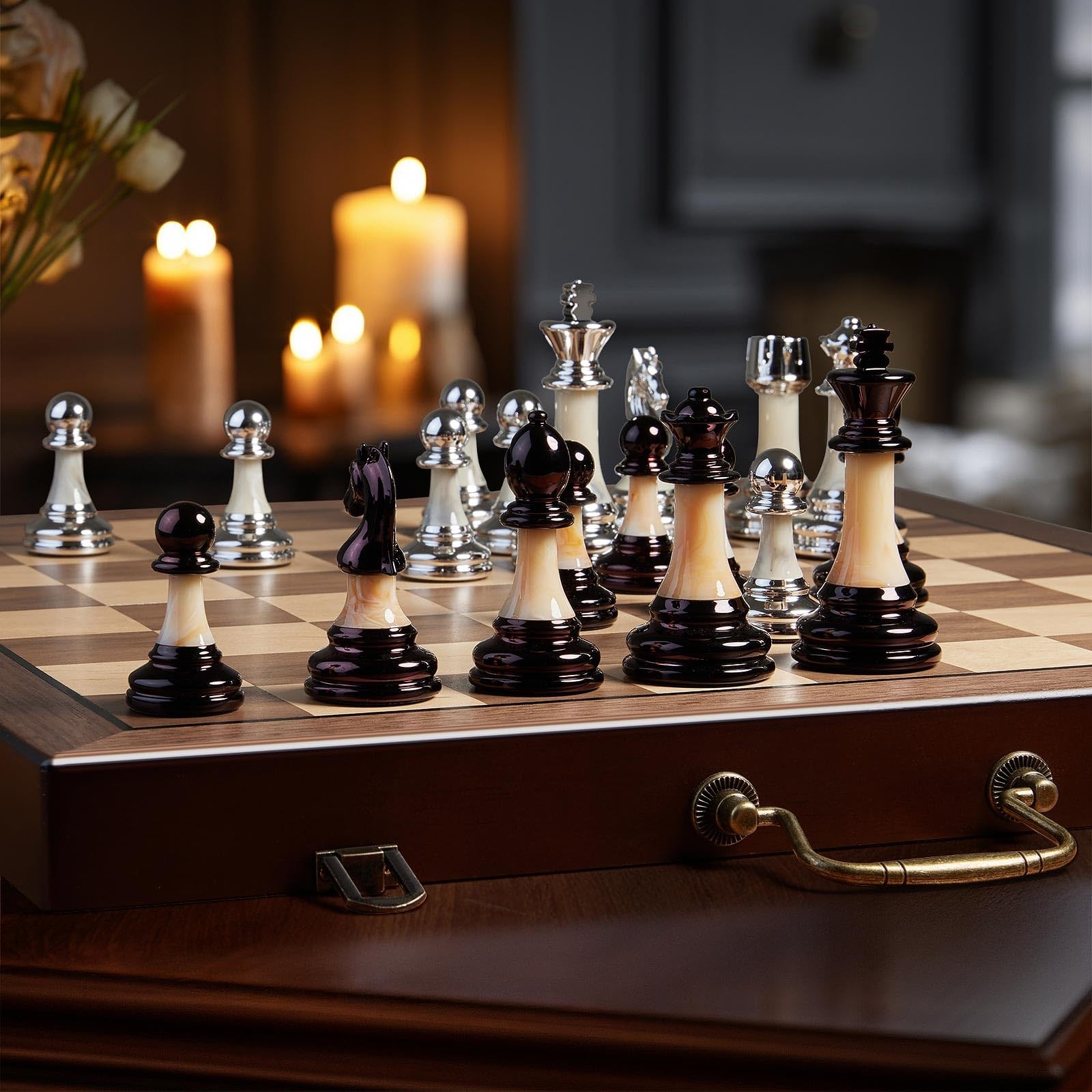 Deluxe Chess Set 16.5” Wooden Large Folding 16.54*16.54*1.5 inches, Brown