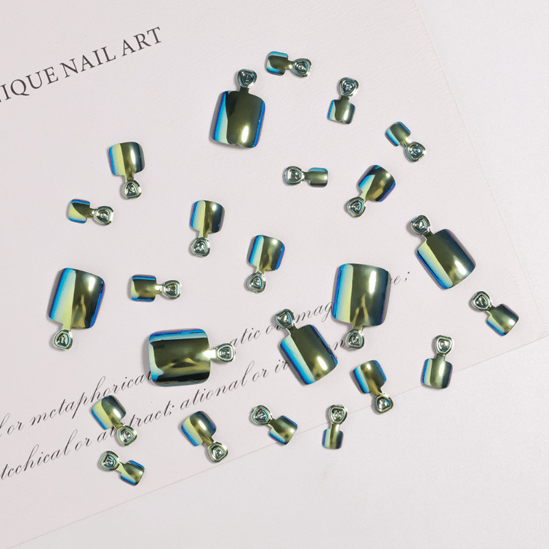 48pcs Short Square Toe Press on Nails, Blue Green Aurora Mirror Foot Nails