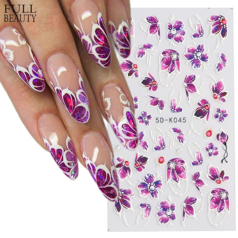 5D Blue Purple Lace Butterfly Flowers Nails Art Stickers Embossed Decals NS42