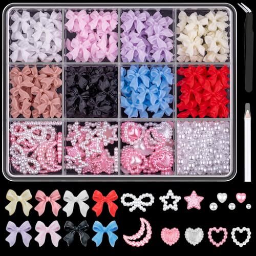 600 Pcs 3D Nail Charms and Flatback Pearls Set 1, 8 Set 1 – 8 Colors A Style