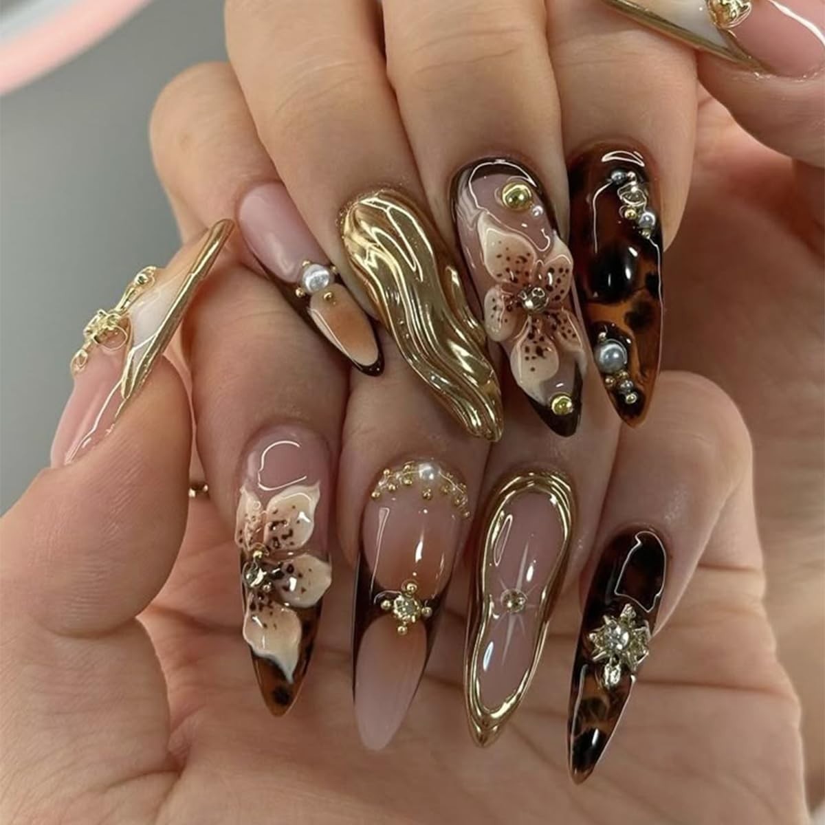 Handmade Press On Nails Almond Medium Long 3D Fake Nails with Charms style01