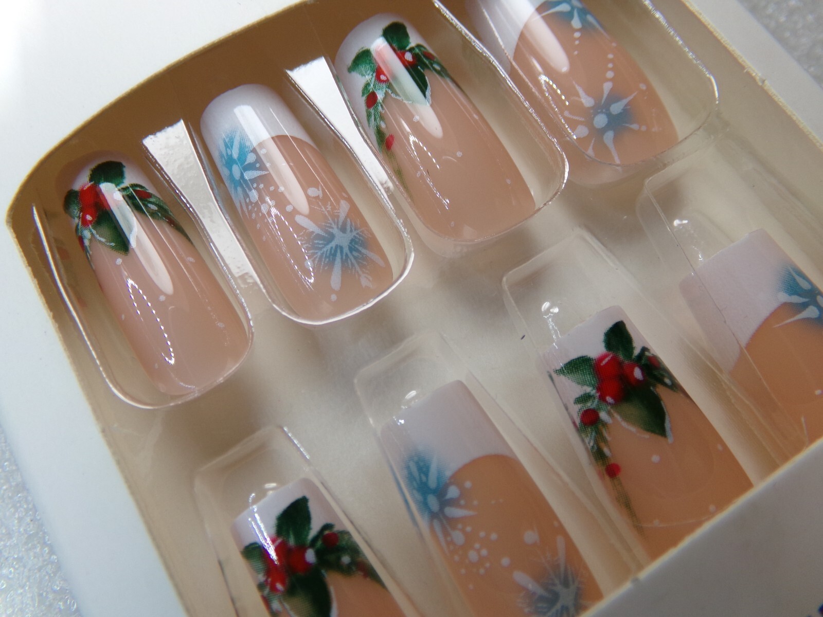 Beautiful Nails French with Snowflake & Holly Accents glue on Long