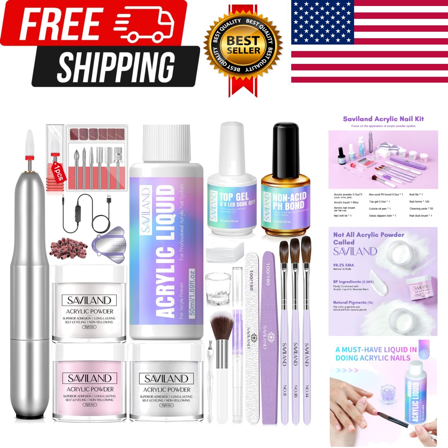 Acrylic Nail Kit with Drill: Professional 0.5Oz Clear/White/Pink Acrylic Powd…