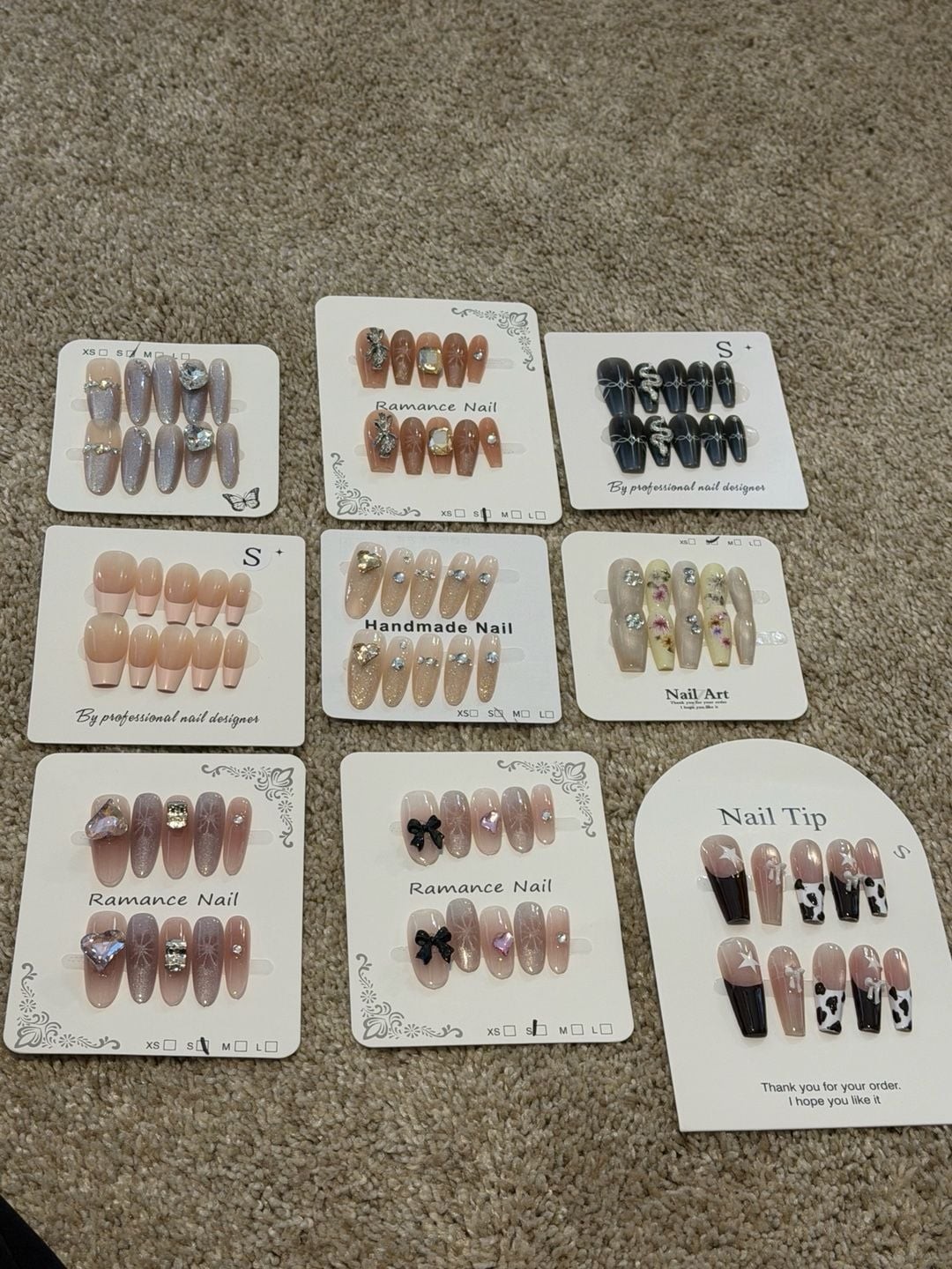 Bulk Lot of 10 Sets Handmade Designer Press-On Nails Luxury 3D Charms and Cat Ey