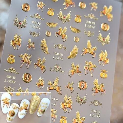 Gold Nail Stickers 5D Embossed Horse Animal Prints Nail Decals Soaring Color 7