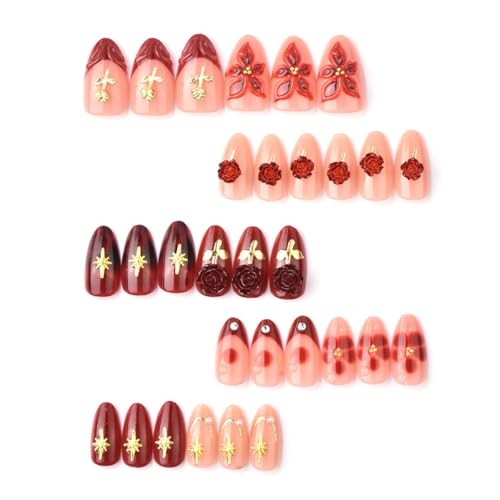 30Pcs Red Flower Press on Nails Short Almond French Tip Fake Nails Colorful -10