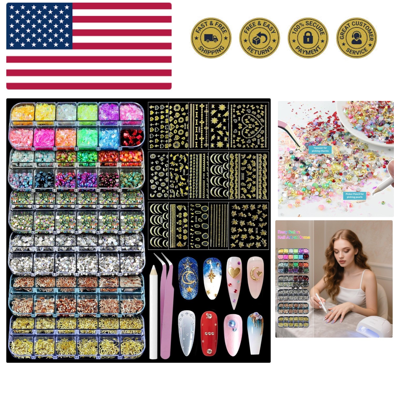 Nail Art Studs Kit, 6 boxes Multicolor And Design 3D Charms Pearls With 15 Sh…