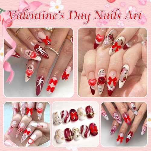 Heart Bow Nail Charms Valentine’s Day Charm for Acrylic Nails 3D Tiny Red