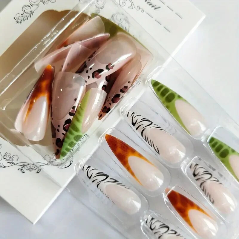 Luxury French Tip Press on Nails Almond Fake Nails Animal Print Leopard Zebra