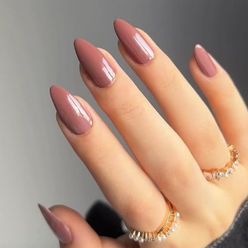 Brown Red Almond Press on Nails Medium Fake Nails Solid Color Glossy 04-Mauve