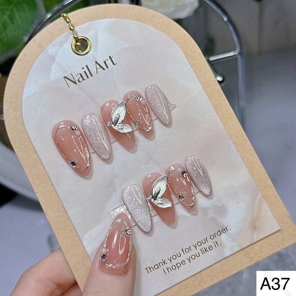 Butterfly Press-On Nails Pink/Silver Glitter Almond Medium A37