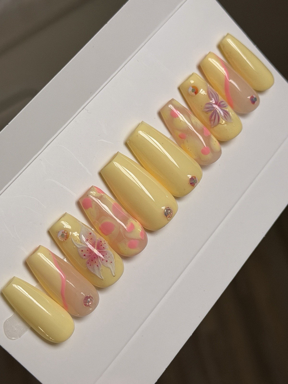 ✨ CUSTOM Press On Nails YELLOW PINK FLOWER BLING Flower 10p SET W Kit