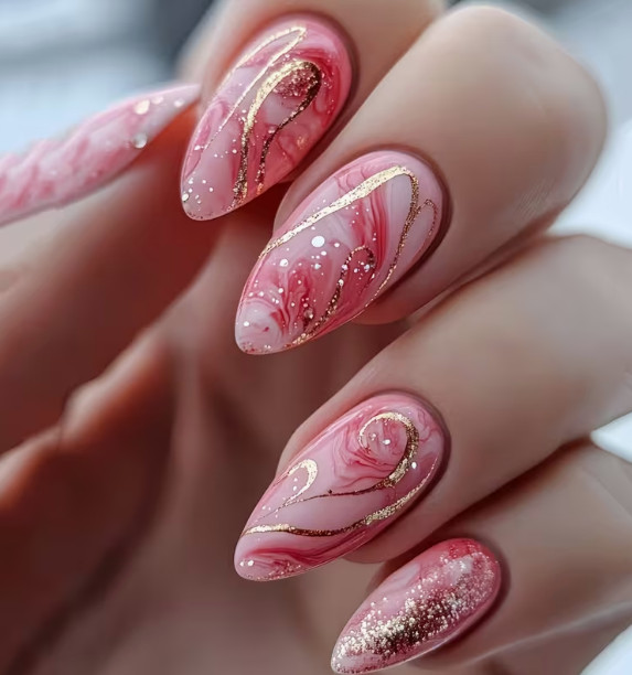 24 Pcs Press-on Nails – Medium Almond Glossy – Pink Marble Print w/Gold Glitter